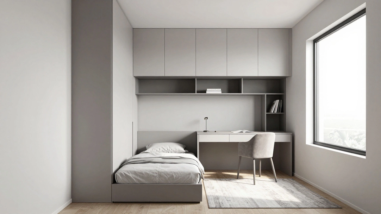 Multi-functional small bedroom with fold-up bed and vertical storage
