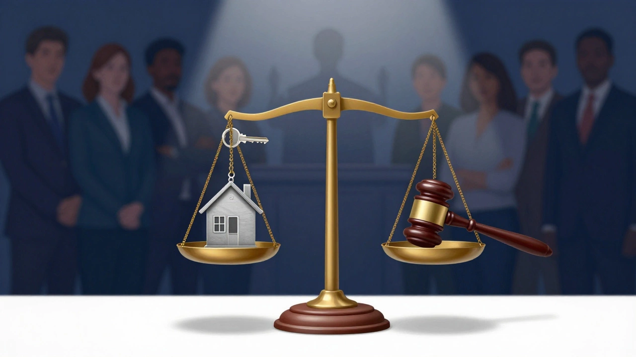 Scale of justice with a house key and gavel, symbolizing rental law