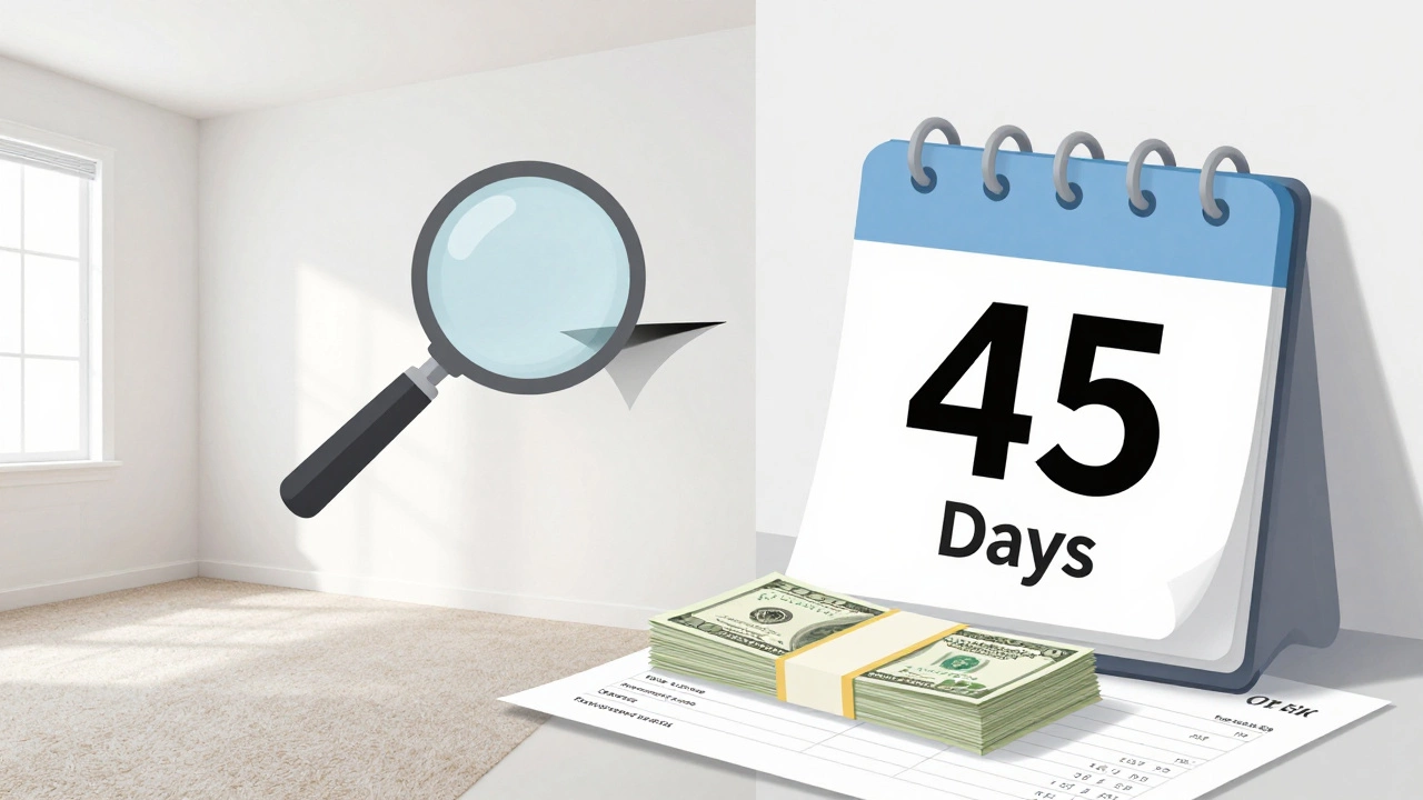 Split view of a clean apartment and a 45-day deposit timeline