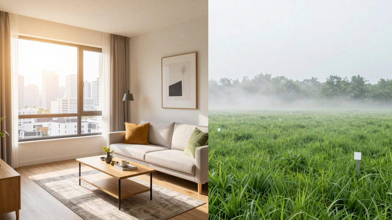Split view of furnished rental apartment and empty land plot