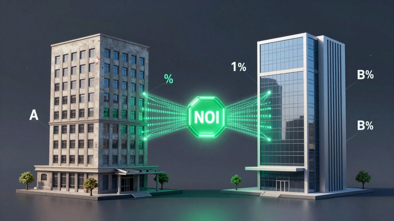 Two commercial buildings compared via a central NOI metric