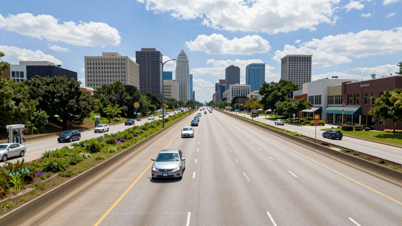 A car driving on a wide highway in a sunny Texas city with an urban skyline in background