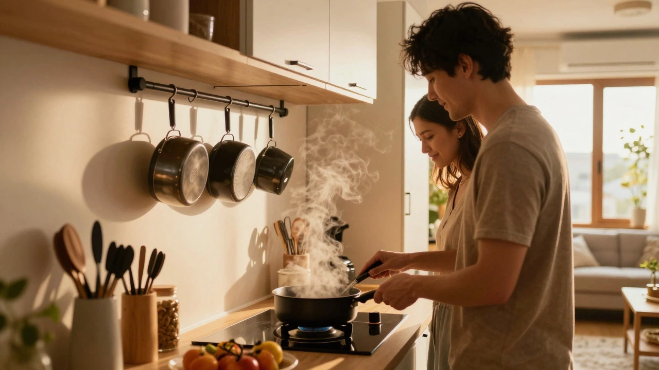 Couple cooking in a compact kitchen using space-saving storage solutions