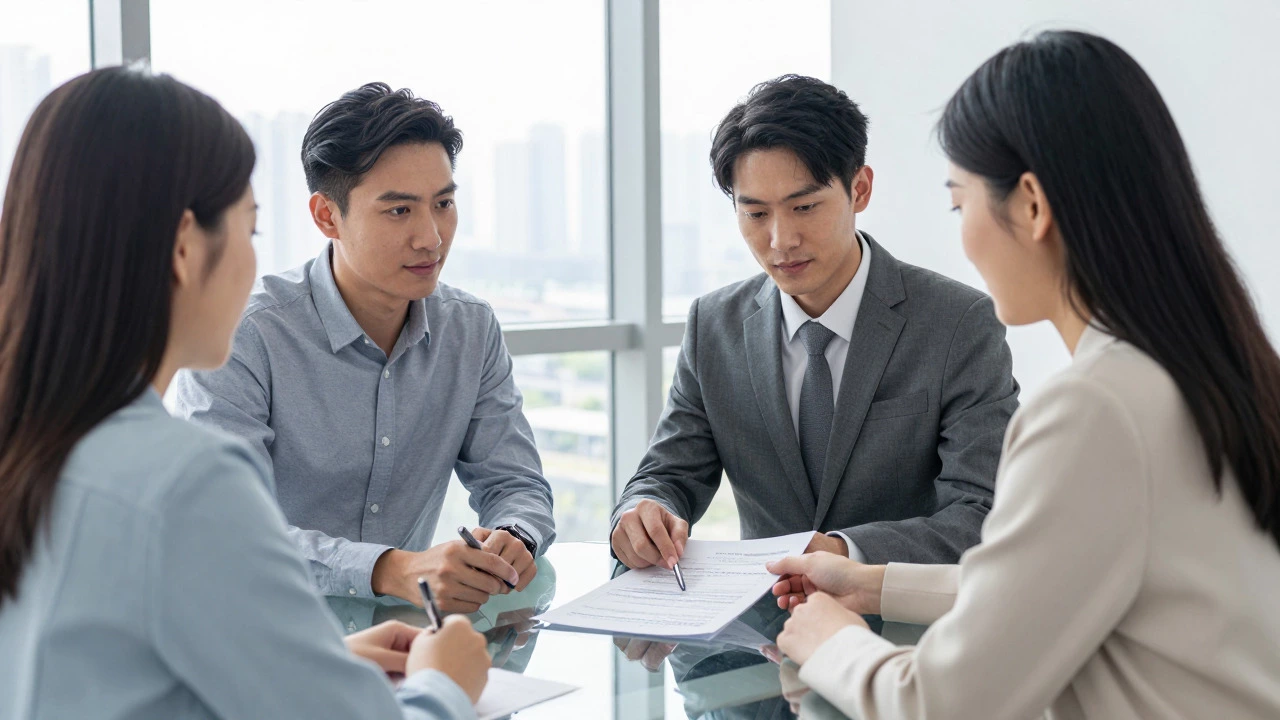 Financial advisor and client reviewing property purchase documents in a modern office