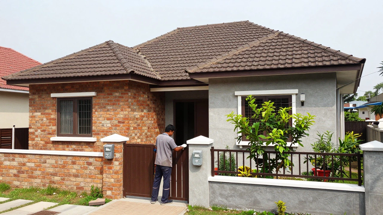 Homeowner maintaining their suburban house exterior and garden.