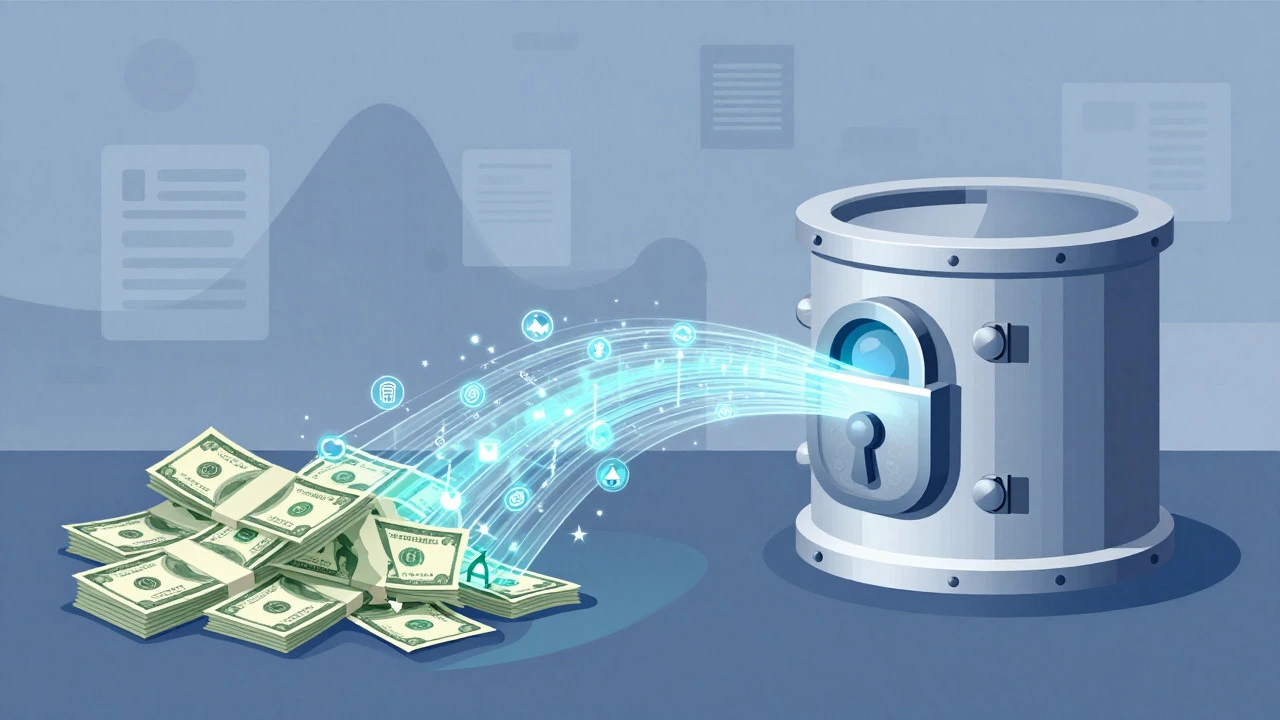Illustration showing cash transforming into secure digital data streams for banking compliance