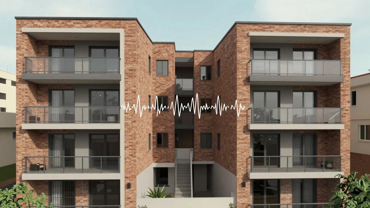 Modern duplex units sharing a wall with compact patios in urban setting