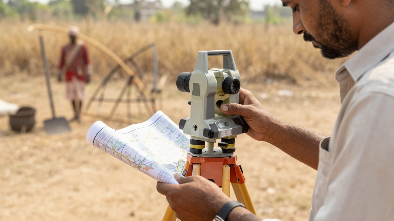 Surveyor using laser measure on land in rural India