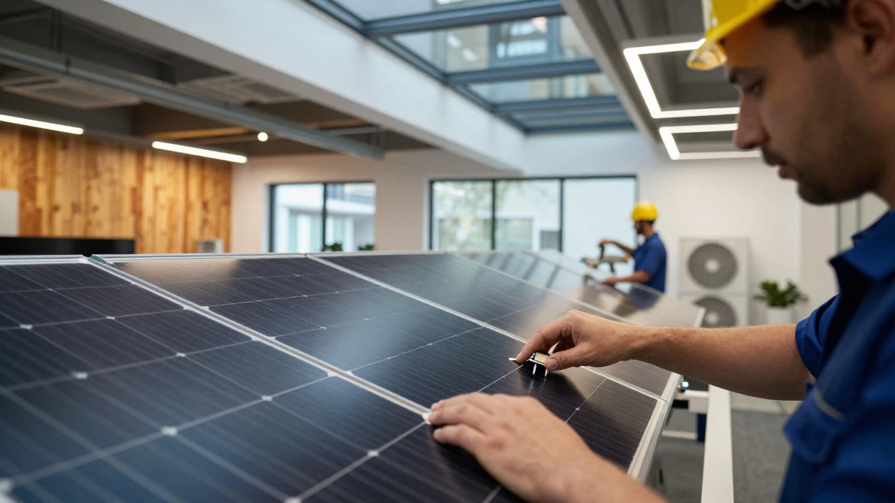 Technicians installing energy-efficient systems in office