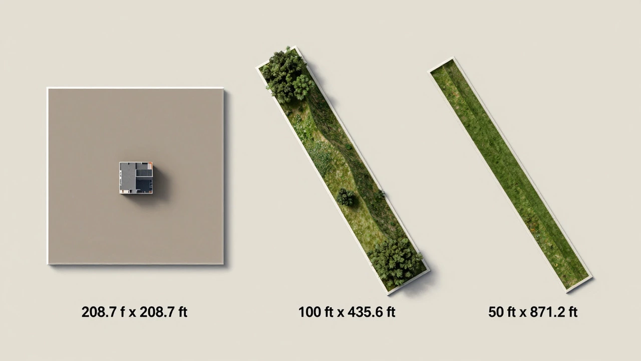 Three different shaped plots illustrating how one acre can vary in form