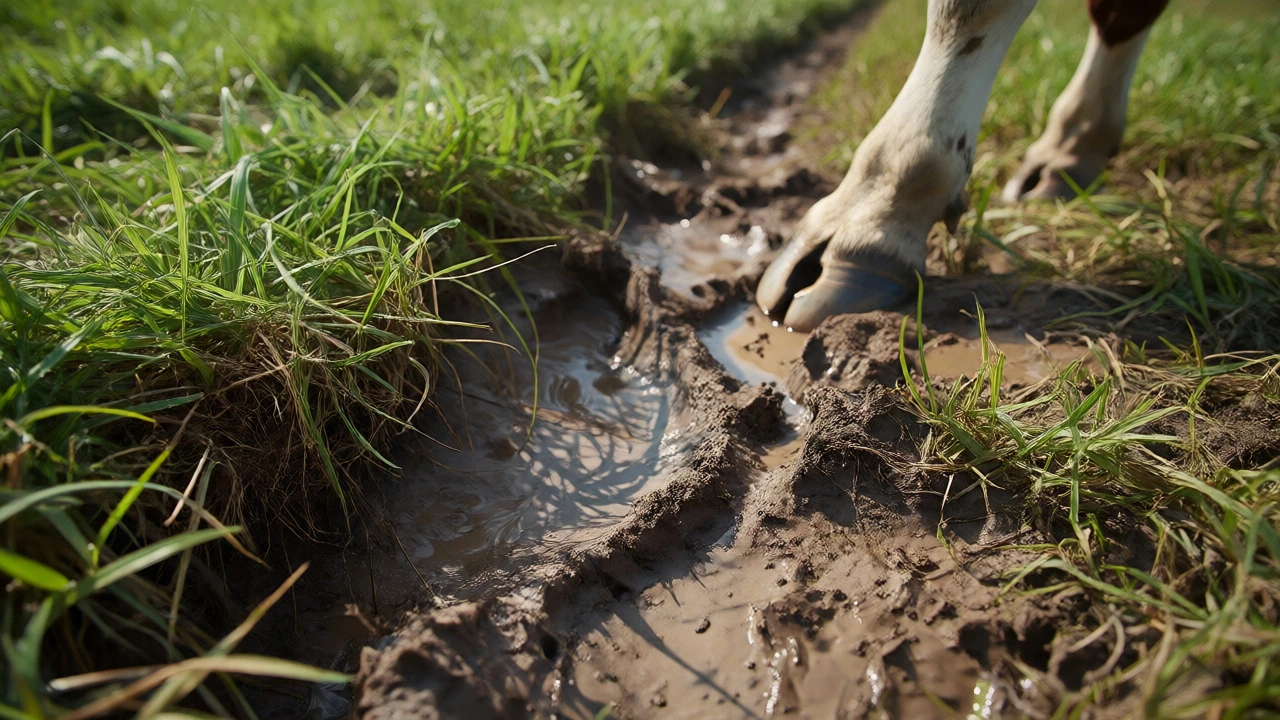 Close-up comparison of healthy grass versus muddy overgrazed pasture