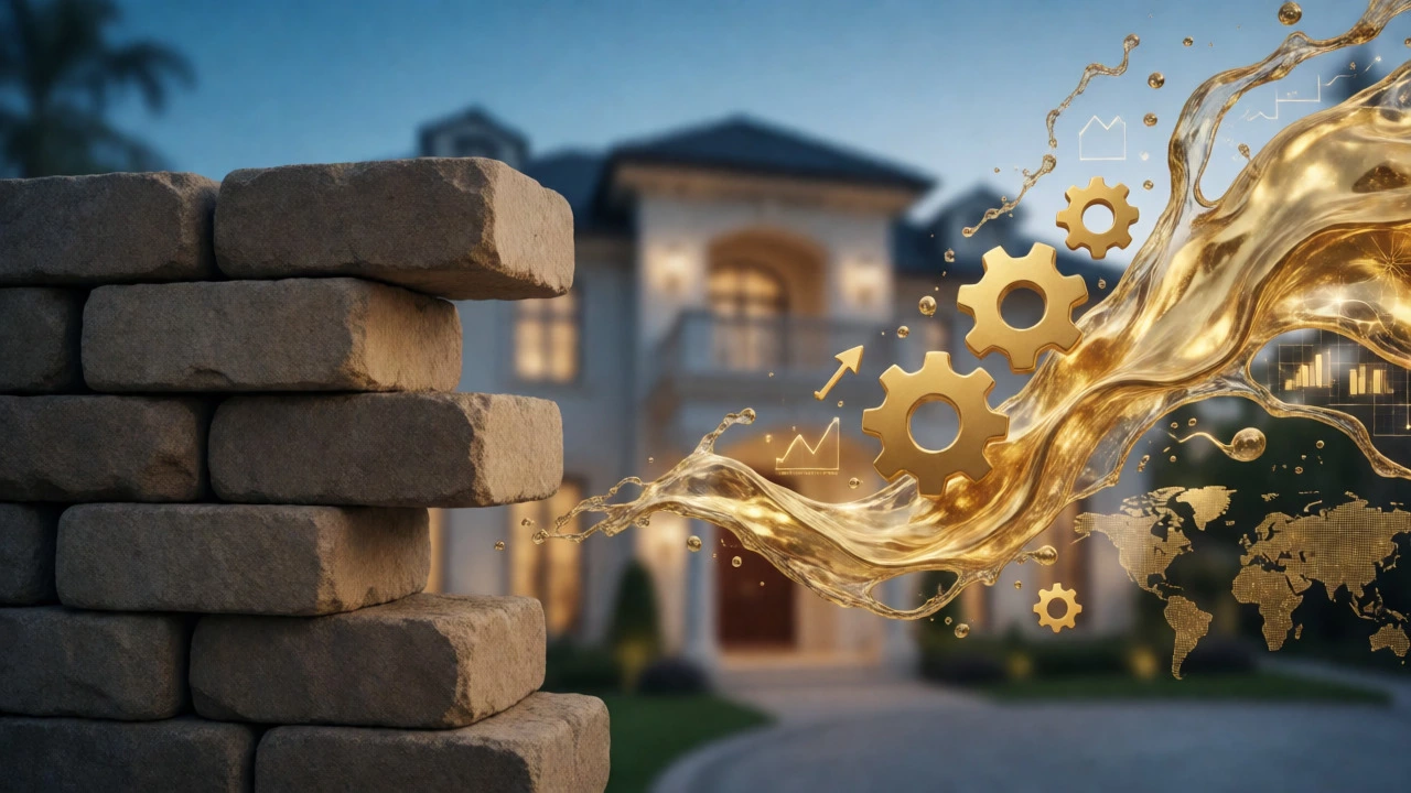 Conceptual image of liquid gold vs stone bricks