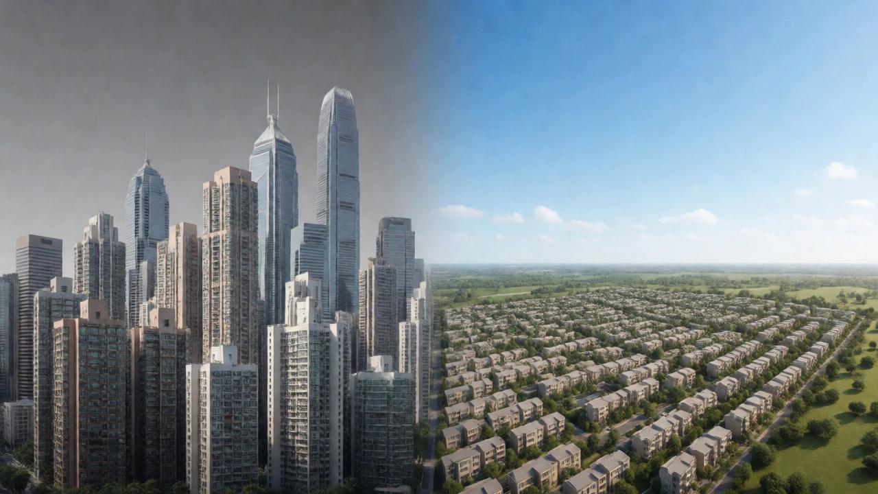 Conceptual split image comparing dense vertical cityscapes with sprawling low-rise suburban developments.