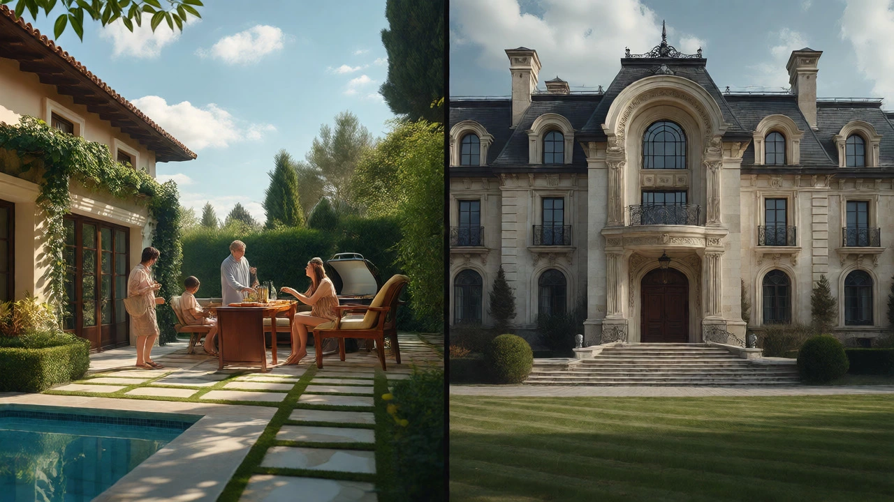 Contrast between a casual villa barbecue scene and the formal, imposing exterior of a mansion.
