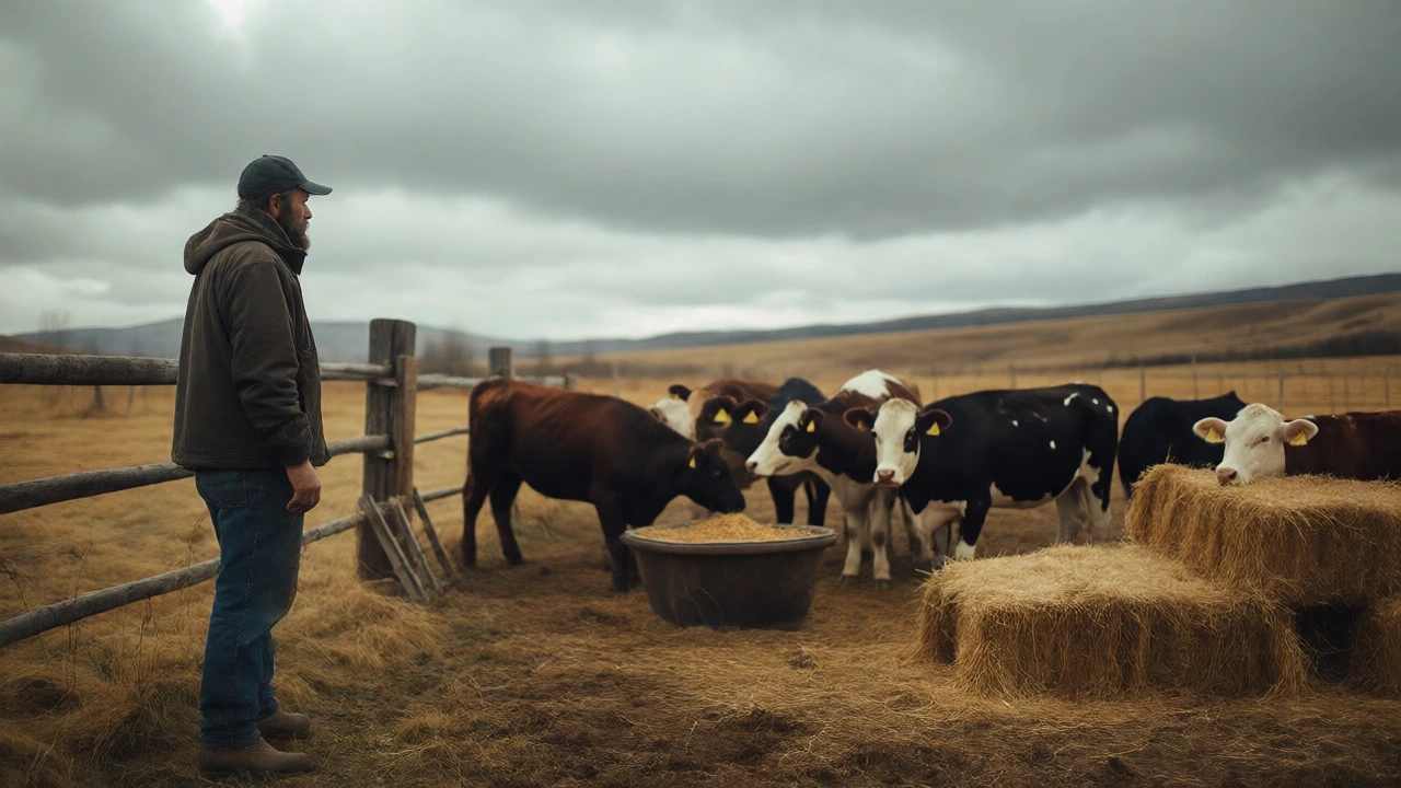 Farmer managing cattle with hay bales during a cold winter day
