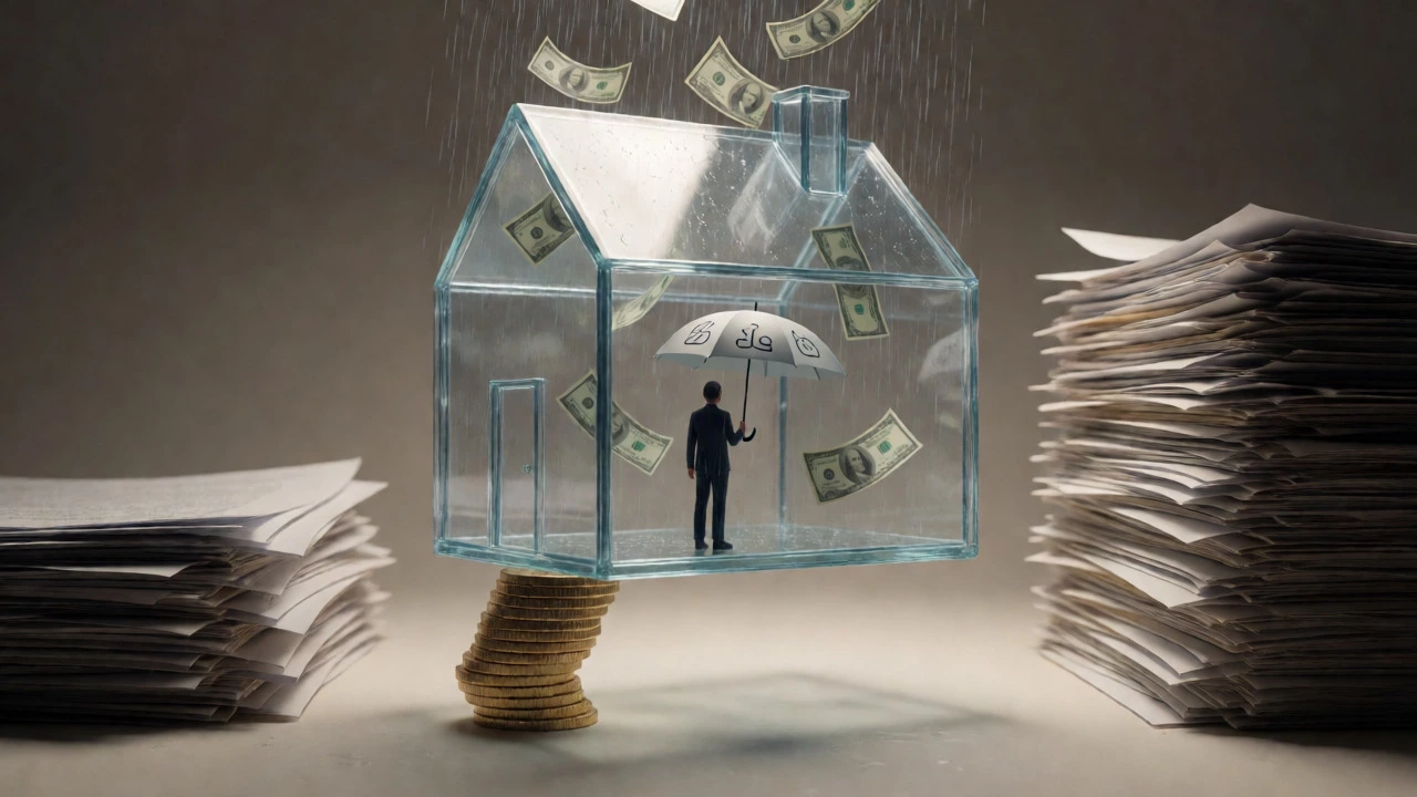 Glass house protected by umbrella from falling money rain