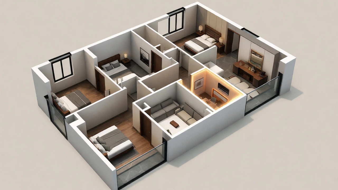 Isometric cutaway of an apartment layout highlighting the dedicated study room