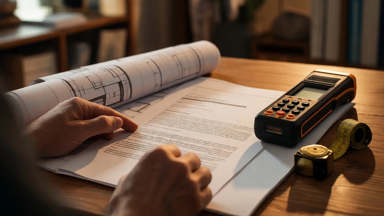Landlord reviewing plans and measuring tools for rent
