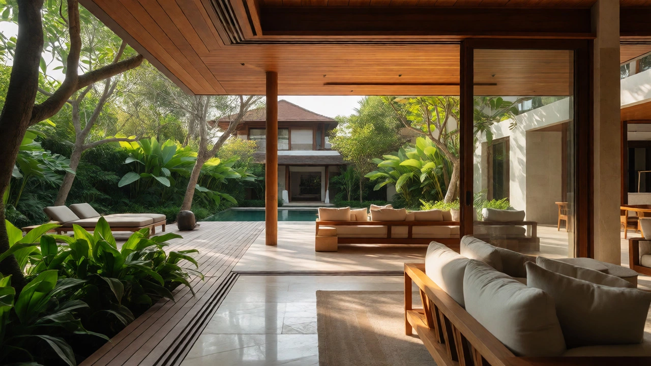 Open-plan villa interior with glass walls opening onto a garden and pool deck.