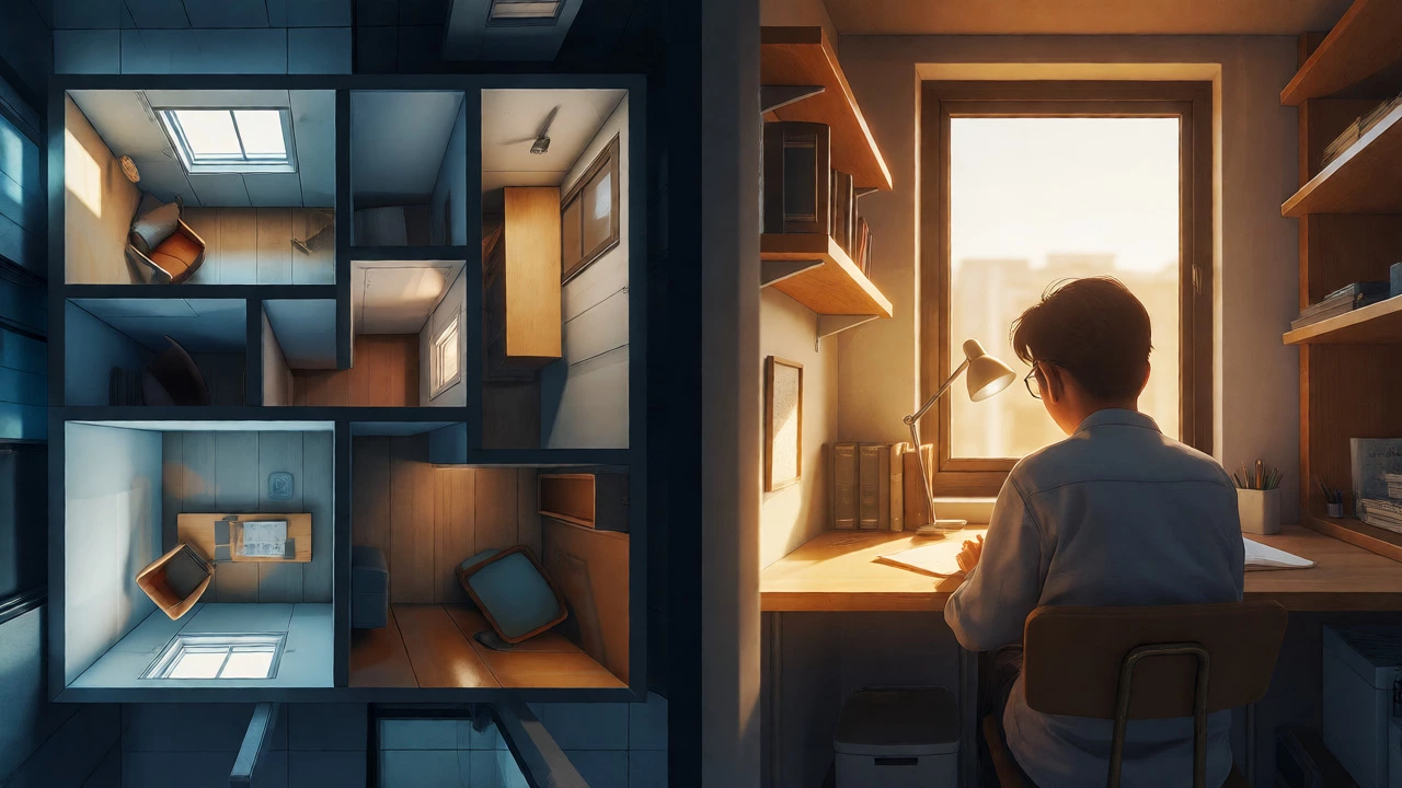 Split view comparing a cramped dark study nook with a sunlit home office setup