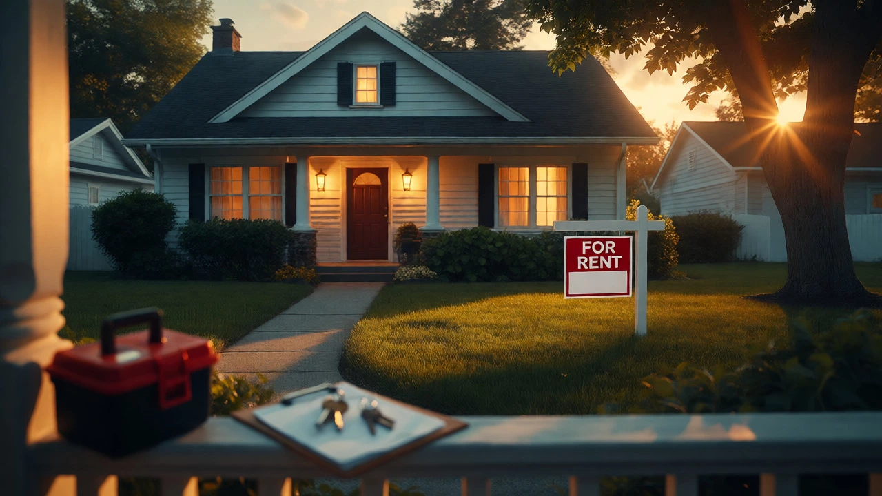 Suburban rental home at sunset with keys and tools indicating property management.