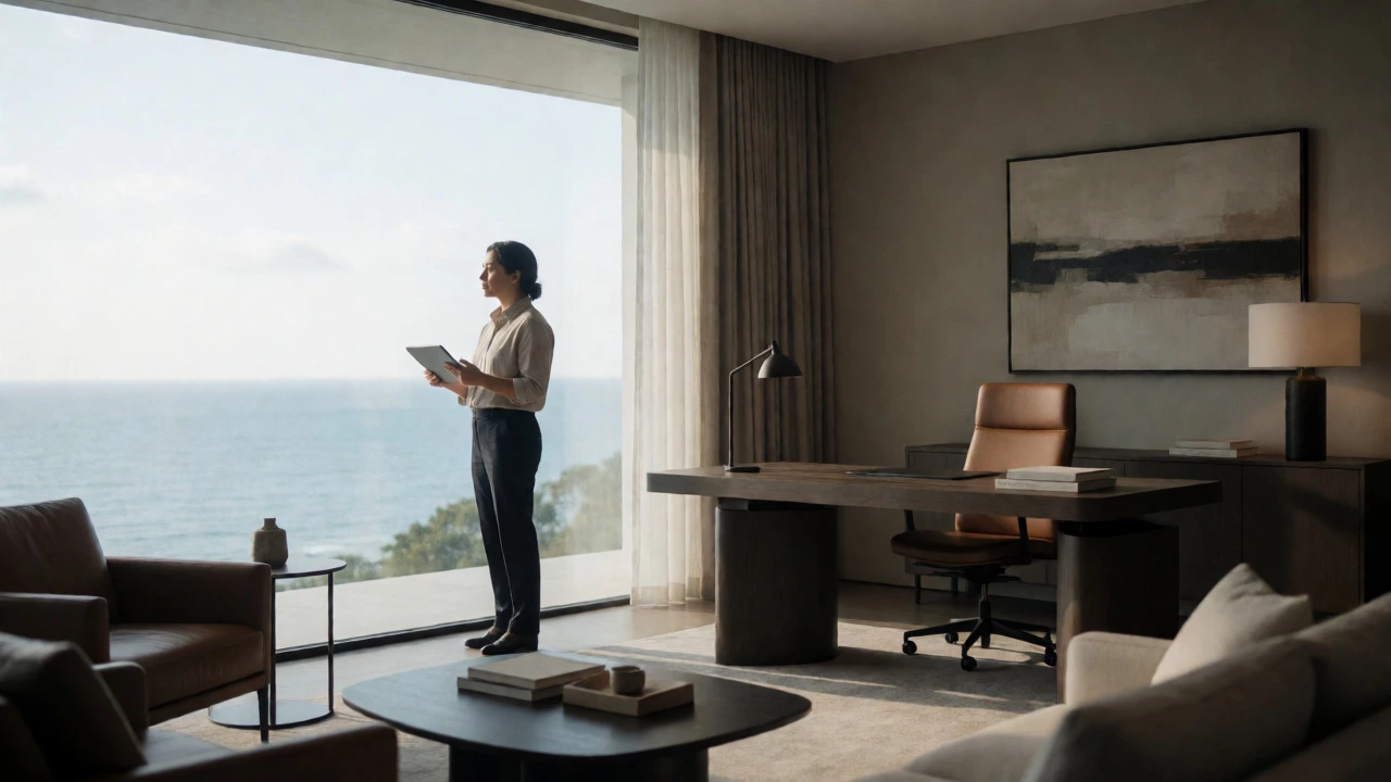 Wealthy individual viewing ocean from luxury villa office