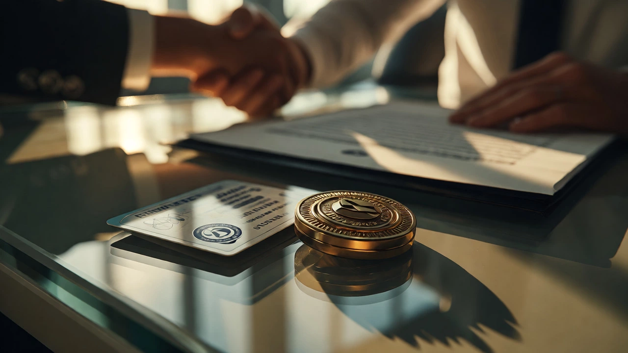 Close-up of a license and premium membership badge on a desk, symbolizing ethical standards.