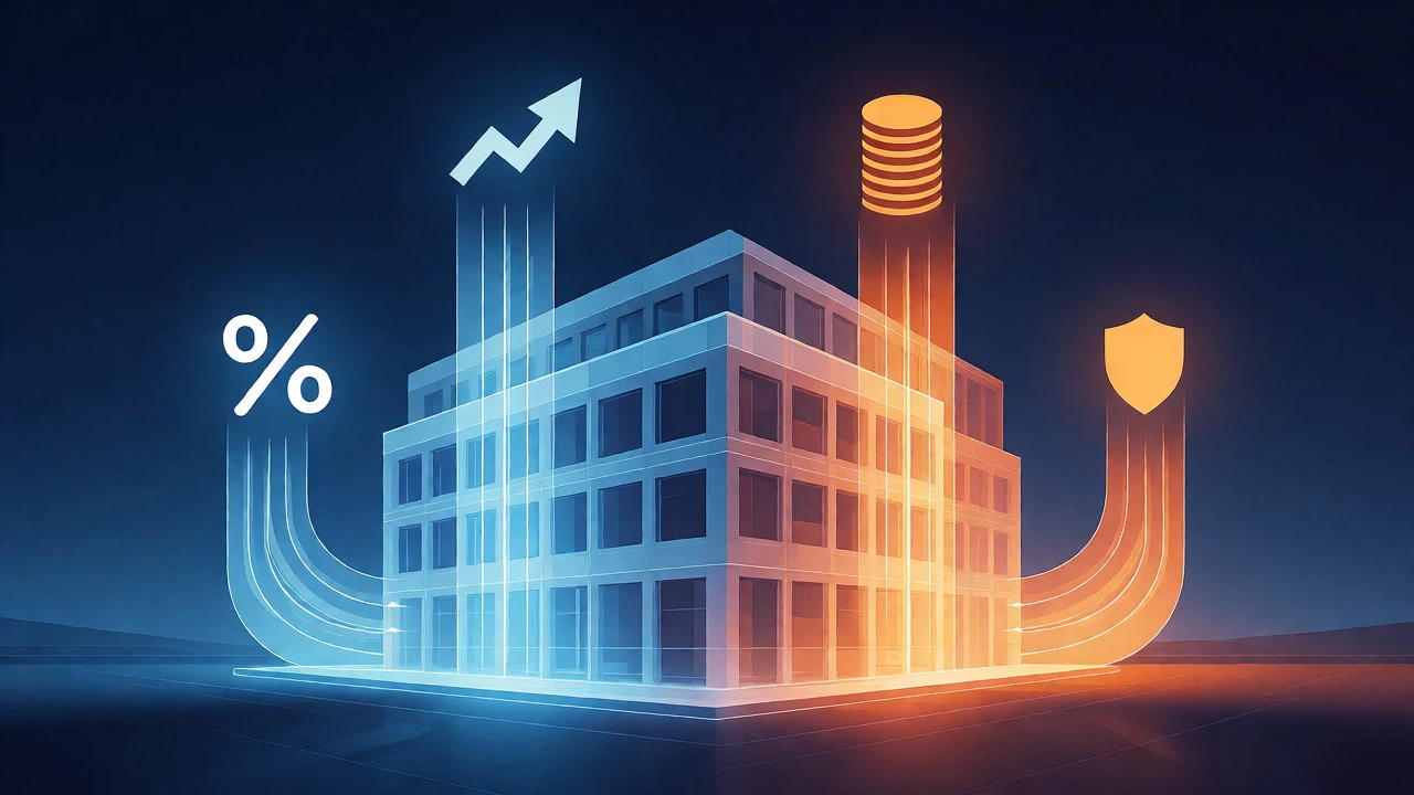 Conceptual visualization of four financial pillars supporting a commercial building