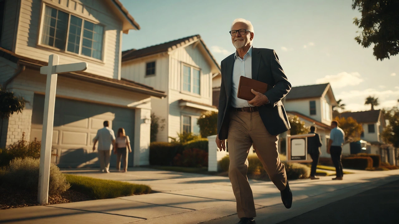 Confident senior real estate agent walking through an upscale neighborhood in sunlight.