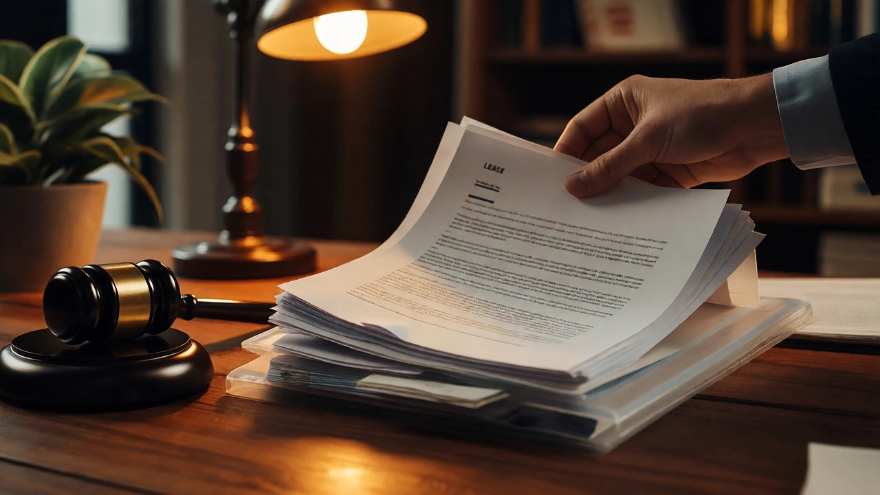 Hand organizing lease documents and receipts into a file folder next to a gavel on a desk.