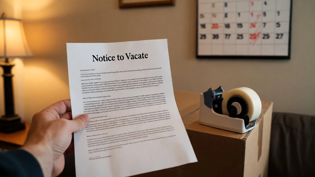 Hands taping a moving box near a held notice-to-vacate document.