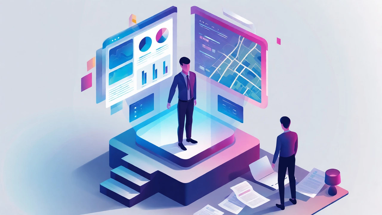 Isometric view of a REALTOR with digital data tools versus an agent with scattered papers.