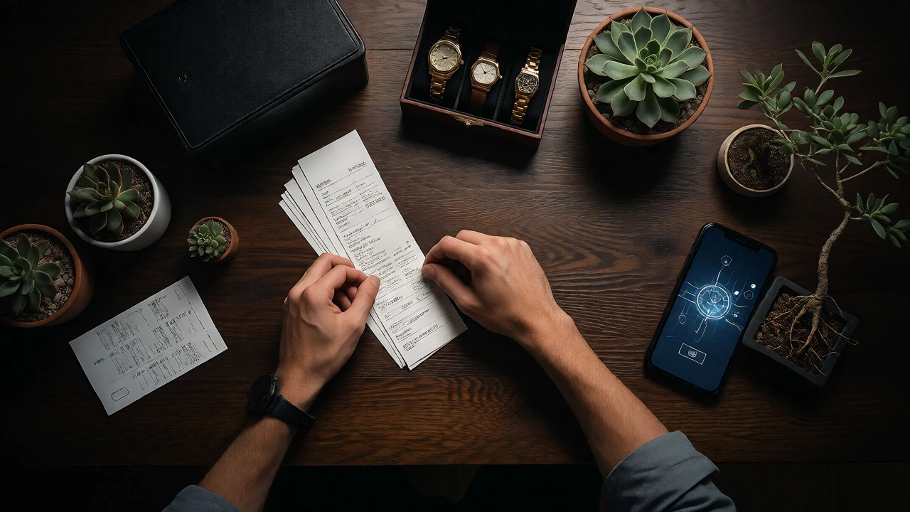 Overhead view of hands organizing valuable personal assets like jewelry, receipts, and electronics.