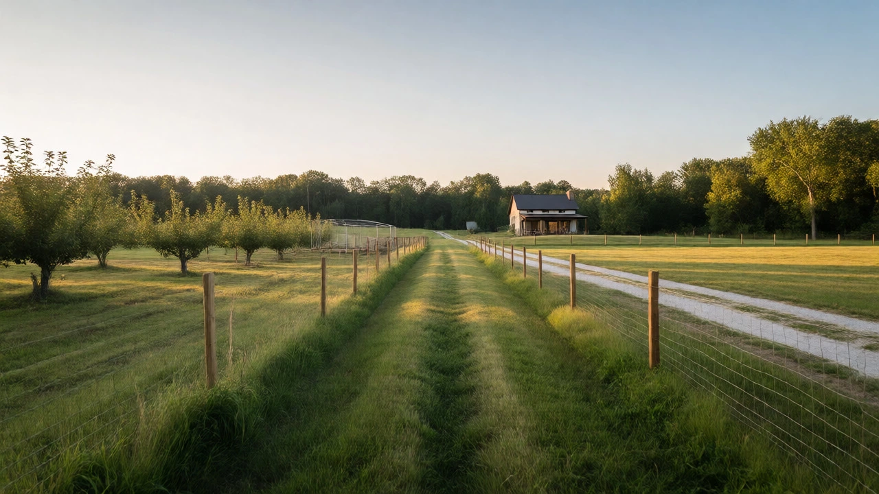 Person standing in a large 5-acre field with a house and hobby farm in the distance