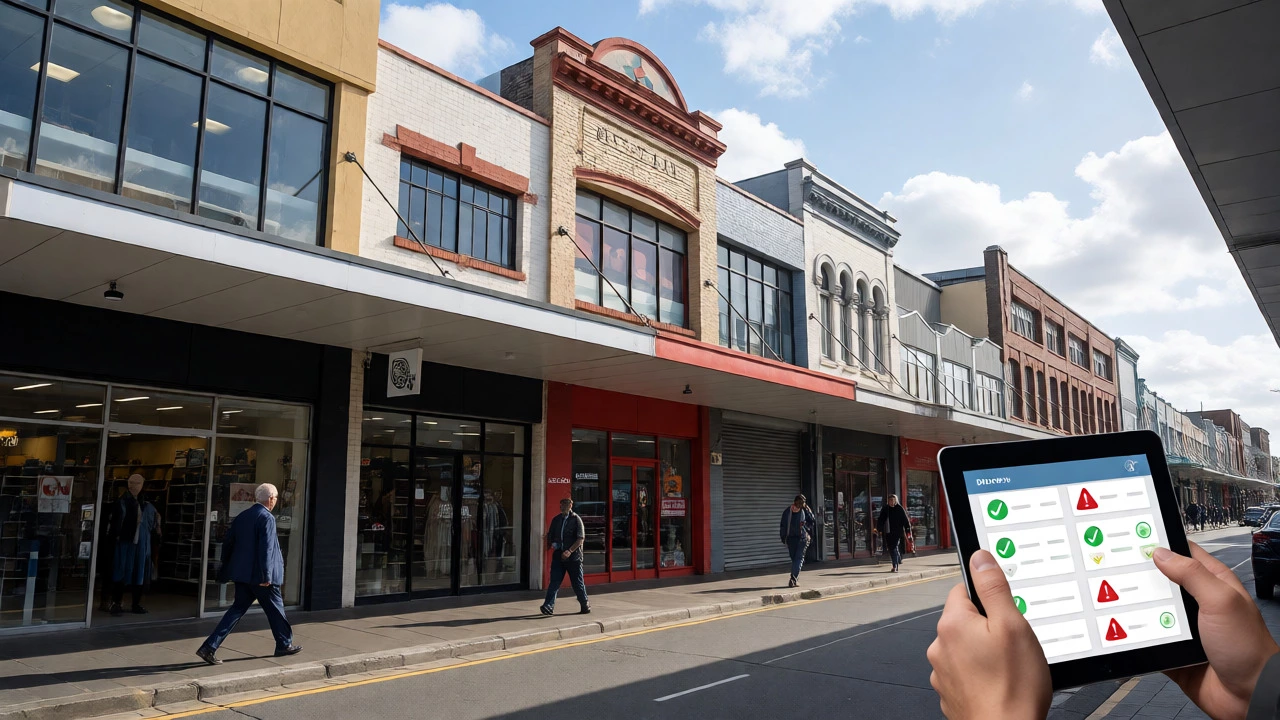 Real estate investor using a tablet to evaluate commercial properties on a busy street