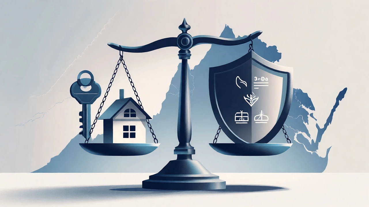 Scales balancing a house key and a shield symbolizing tenant protections.