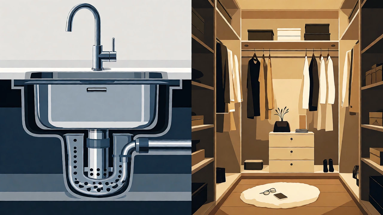 Split image comparing a kitchen waste grinder and a walk-in closet.