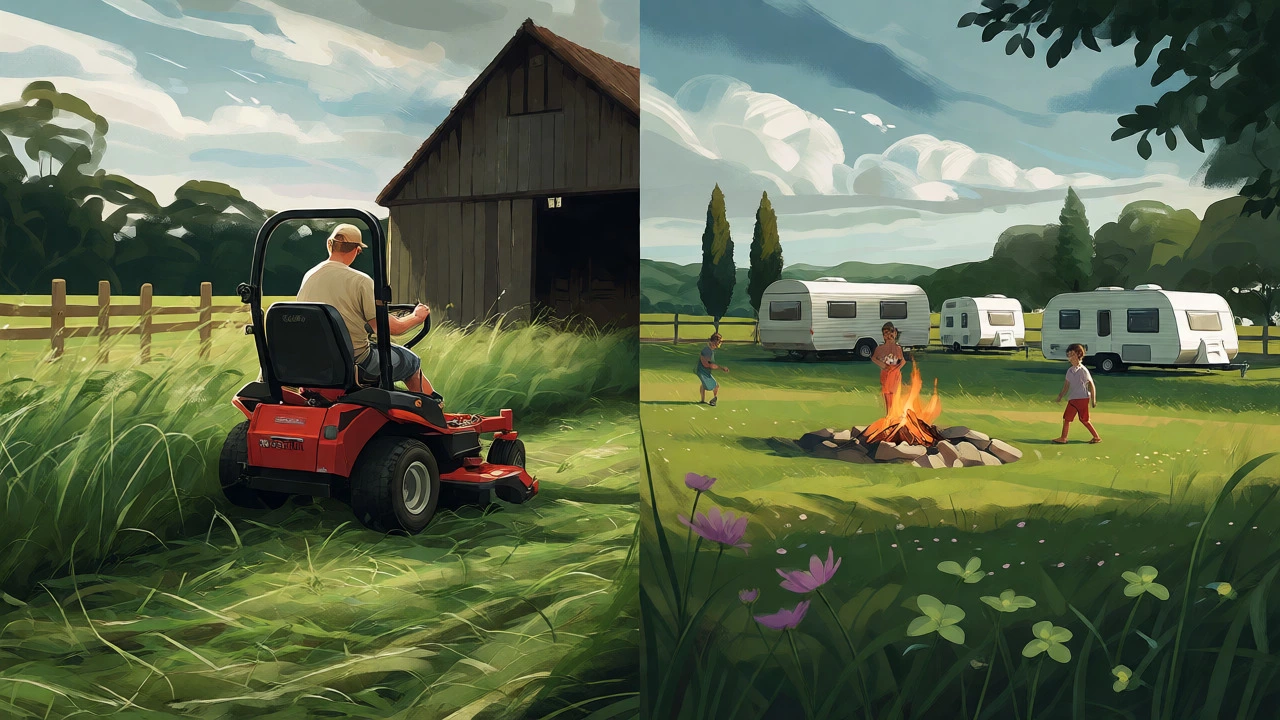 Split image showing mowing a large lawn and relaxing in a spacious backyard