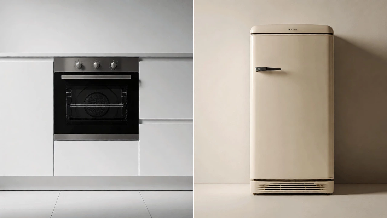 Split view contrasting a built-in oven fixture with a freestanding refrigerator as personal property.