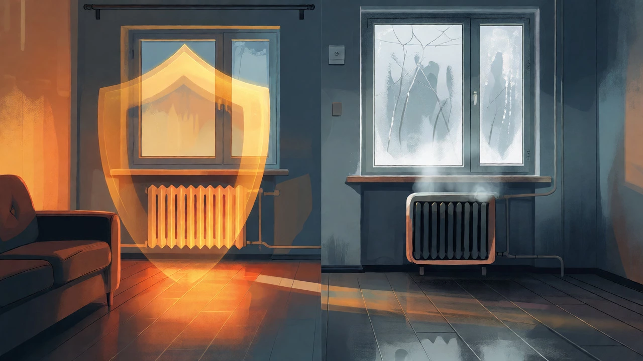 Split view of a living room comparing a warm, heated space with a cold, broken-heater scenario.